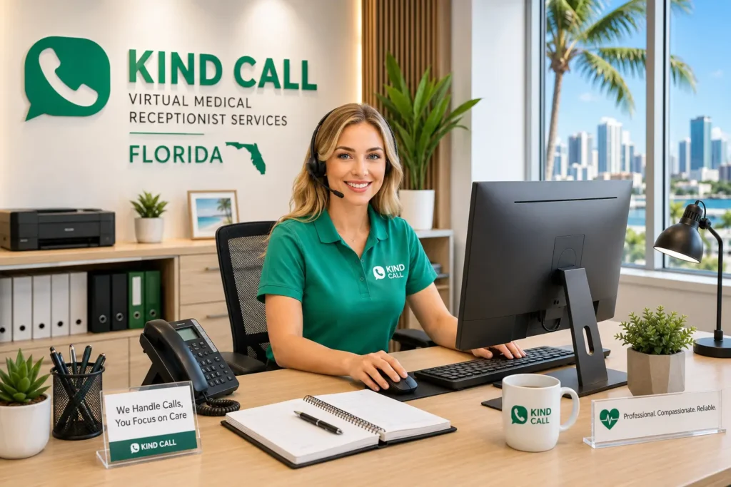 Kind Call virtual medical receptionist assisting a Florida medical practice from a modern office with a professional healthcare reception desk and headset.