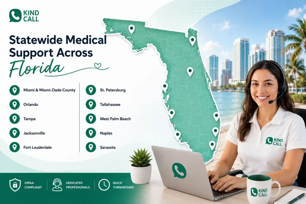 Kind Call virtual medical receptionist with a Florida service map highlighting Miami, Orlando, Tampa, Jacksonville, Fort Lauderdale, St. Petersburg, Tallahassee, West Palm Beach, Naples, and Sarasota.